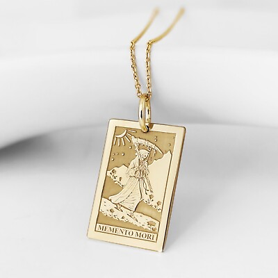 #ad 14K Solid Gold Memento Mori Tarot Card Necklace Amor Fati Pendant Stoic Charm $548.80