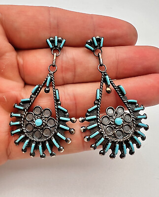 #ad Vintage Zuni Sterling Silver Needle Point Turquoise Long Dangle Earrings 2.25quot; $249.00