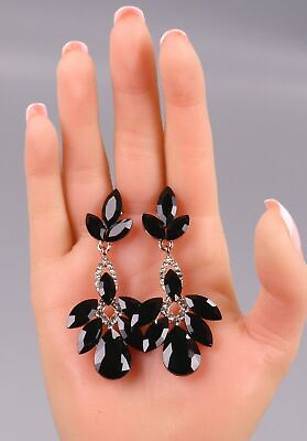 #ad 2.69quot; Gold Black Tear Drop Rhinestone Prom Long Crystal Pageant Earrings $14.00