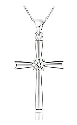 #ad 925 Sterling Silver Crystal Cross Pendant Necklace Womens Jewellery GIFT BOX GBP 9.89