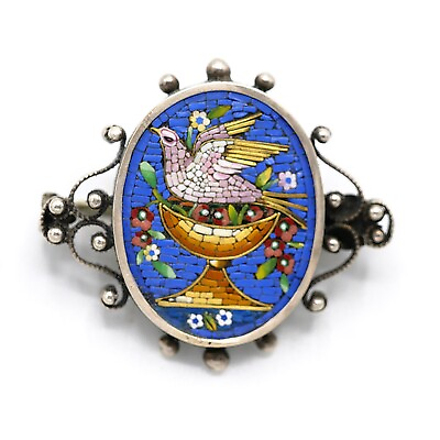 #ad 3683 Micromosaic Silver Brooch late 19th century. Rome Micro Mosaic fruits. $950.00