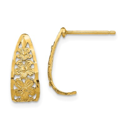 #ad 14K Yellow Gold Diamond cut Flower J Hoop Post Earrings L 17 mm W 6 mm $193.50