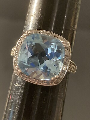 #ad Sterling Silver 925 Prong Set Large Swiss Blue Topaz Cz Accent Ring Size 7 $119.99