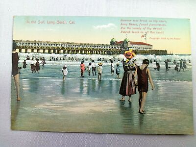 #ad Vintage Postcard 1910#x27;s In the Surf Long Beach CA California Summer Seas Break $8.77