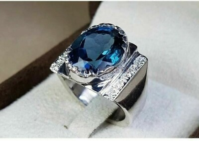 #ad 5Ct Round Simulated Blue Topaz CZ Band Pinky Ring 14k White Gold Plated Silver $131.39