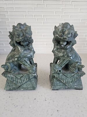 #ad Chinese Jade Stone Carved Pair of Foo Dog Statues 6quot;×3quot;×2.5quot; $275.00