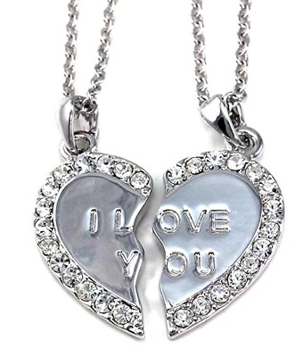 #ad NEW I Love You BEST FRIEND Heart Silver Tone Rhinestone 2 Pendants Necklace BFF $9.88