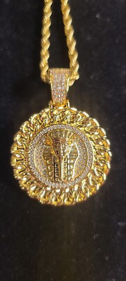 #ad Gold Plated Pharaoh Medallion Iced Pendant 20quot; Rope Chain Necklace $19.99