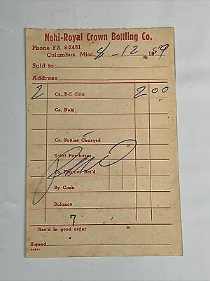 #ad Nehi Royal Crown Bottling Co 1959 Columbus Mississippi Receipt Original 3.25x5 $19.99