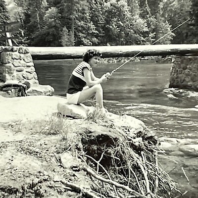 #ad YJ Photo Pretty Woman Fishing From Shore Pole Water Log Bridge Yosemite 1950s $14.50