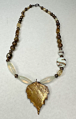 #ad Handmade Beaded Necklace Leaf Pendant Brooch Converts Blue Copper Tones 18quot; $12.15