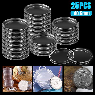 #ad 25X Coin Capsules Holder Storage Case 40.6mm Clear for Silver Eagle 1 Oz Dollar $9.98