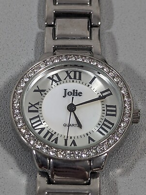 #ad Jolie White Silver Tone Dial Crystal Accent Round Case Link Band Watch $13.99