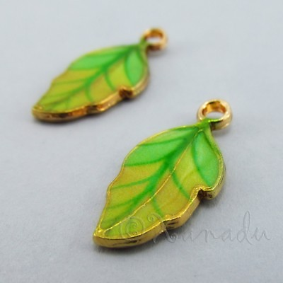 #ad Green Leaf Charms 22mm Gold Plated Enamel Leaves Pendants C5274 2 5 Or 10PCs $3.50