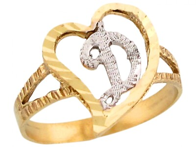 #ad 10k or 14k Two Tone Gold Fancy Cursive Letter D Unique Heart Initial Ring $169.99