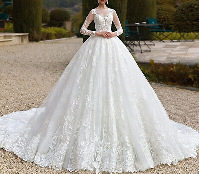 #ad Princess Wedding Dress Long Sleeve O Neck Lace Applique A Line Bridal Gown Train $162.90