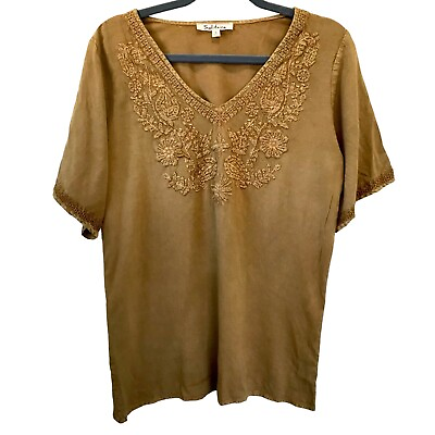 #ad Solitaire Women#x27;s Mustard Yellow Tan Embroidered Boho Lagenlook Top. Size Small $14.99