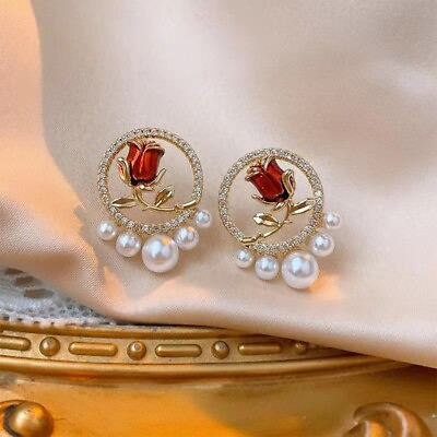 #ad #ad Korean Tulip Crystal Pearl Flower Earrings Ear Stud Women Wedding Jewelry Gift C $2.07