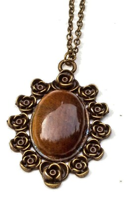 #ad Tiger#x27;s Eye Gemstone Oval Rose Framed Pendant on a 25quot; Bronze chain. NWOT $11.04