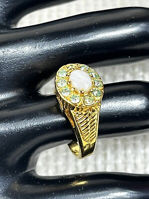 #ad Vintage Halo Opal and Light Green Cubic Zirconia 18K HGE Gold Plated Ring Size 7 $28.98