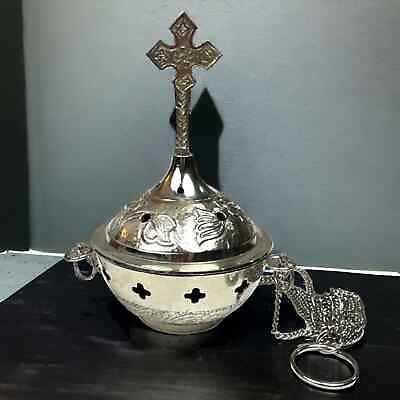 #ad Vintage Silver Plated Floral Lotus Buddhist Cross Censer Incense Holder Burner $47.00