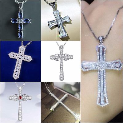 #ad #ad Fashion 925 Silver Plated Necklace Pendant Cross Jewelry Cubic Zircon Wedding C $2.92