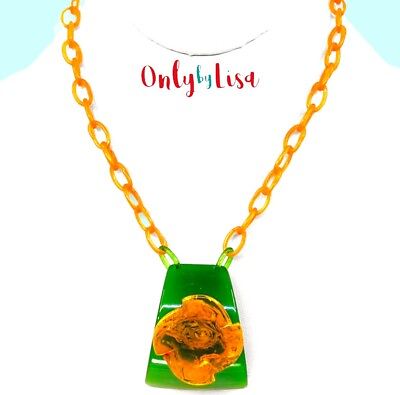#ad Unique Peach amp; Green Modern Bakelite Pendant with Peach Celluloid Chain $108.00