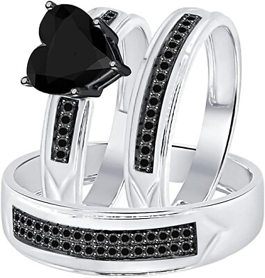 #ad 3 Ct Heart Black Simulated Diamond 925 Silver Gold Plated His Her Trio Ring Set $195.99