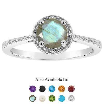 #ad Sterling Silver 6mm Round Genuine Natural Labradorite Diamond Accent Halo Ring $49.99