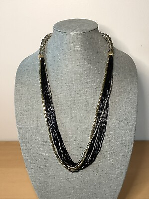 #ad Multistrand Necklace Black Smoke Silver Gold Beads 30” Long Fashion Jewelry $10.00