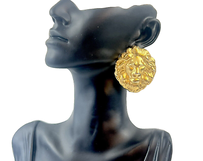 #ad Vintage Shiny Gold Tone 3D Lions Head Pierced Button Metal Lightweight Earrings $17.50