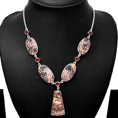 #ad Leopard Skin Jasper amp; Garnet 925 Sterling Silver Necklace Jewelry SDN1810 $33.99