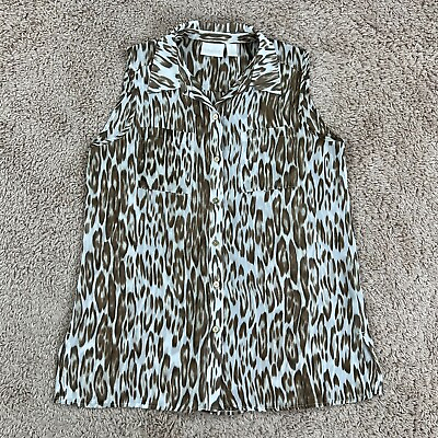 #ad CHICOS White Brown Leopard Print Sleeveless Collared Button Up Shirt Womens M $11.99