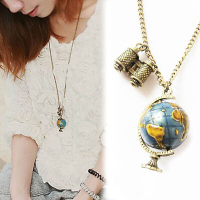 #ad Unusual Vintage Globe Necklace Planet Earth World Map Art Pendant Ball Chain C $2.58