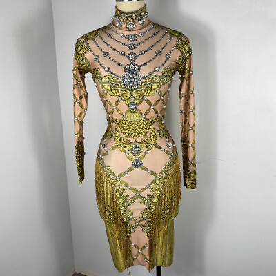 #ad Women Tassel Crystal Print Long Sleeve Dress Singer Stage Wear Dance Costume $92.98