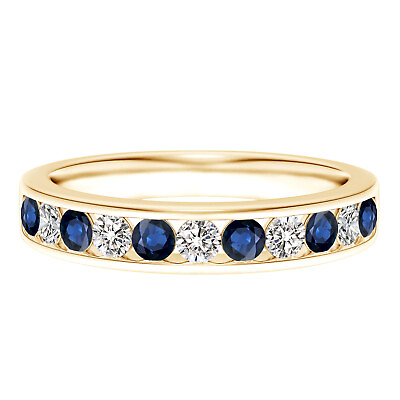 #ad Channel Set Round Blue Sapphire Gemstone Half Eternity Ring 14k Yellow Gold C $484.72
