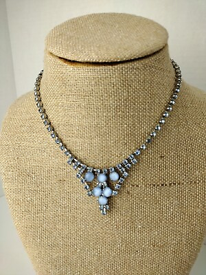 #ad VTG Estate Necklace Blue Crystal Rhinestone Glass Moonstone Rare chocker Collar $49.95