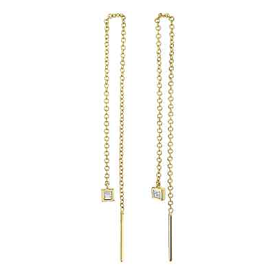 #ad 14K Yellow Gold Baguette Diamond Threader Earrings Natural Drop Dangle 0.05CT $375.00