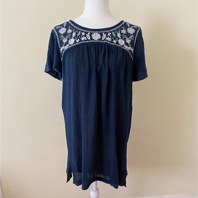#ad Garnet Hill Women#x27;s Dress Gauze Cotton size small navy blue embroidered peasant $18.00