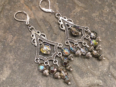 #ad Graphite Aurora Borealis Chandelier Earrings Sterling Silver wires Prom Earrings $15.00