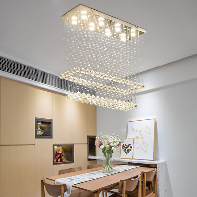 #ad Rectangular Crystal Chandelier Dining Room Raindrop Pendant Hanging Lamp Fixture $90.25