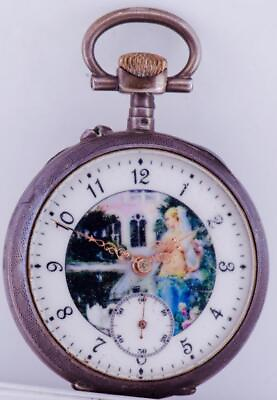 #ad Antique Silver Pocket Watch French LeCoultre Caliber Fancy Enamel Dial c1890s $672.42