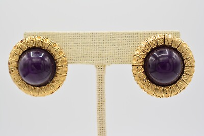 Givenchy Vintage Earrings Dark Purple Cabochon Gold Runway Signed 1980s BinAF $179.96