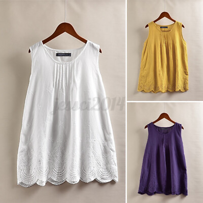 #ad Women Cotton Linen Summer Casual Tops Shirts Embroidered Eyelets Tank Vest Cami $15.19