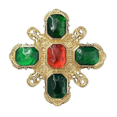 #ad Gripoix Style Poured Resin Maltese Cross Brooch Pin Gold Red Green Ornate $29.99
