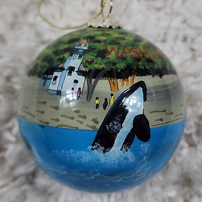 #ad Washington Hand Painted Christmas Tree Glass Ornament Glossy Round City Town $20.00