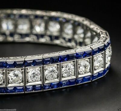#ad Vintage Art Deco Style Inspired Cz amp; Blue Sapphire Line Pure 935 Silver Bracelet $599.99