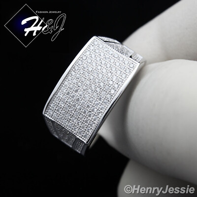 #ad MEN SOLID 925 STERLING SILVER ICY BLING CZ SILVER RECTANGLE RING SIZE 7 13*SR1 $36.99