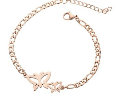 #ad Rose Gold Stainless Steel 2 butterfly bracelet anklet 8.75 in inclu 1 in ext $9.49
