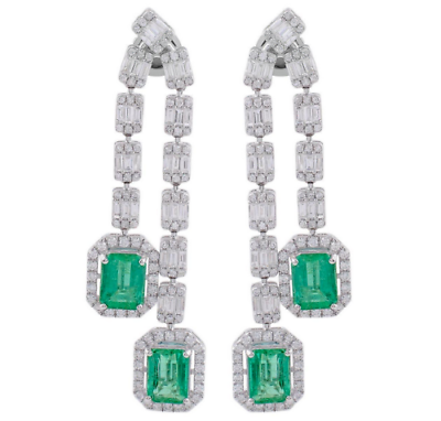 #ad Emerald Shape Green Lab Created Emeralds amp; CZ Two Layer Drop Silver Earrings $323.00